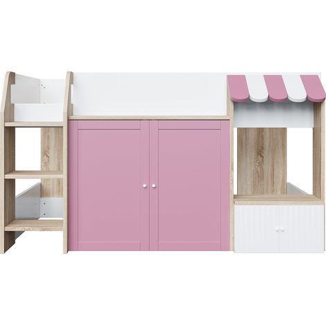 Letto a soppalco per bambini 90 x 200 cm con scala e contenitore, bianco rosa e legno (1/5)