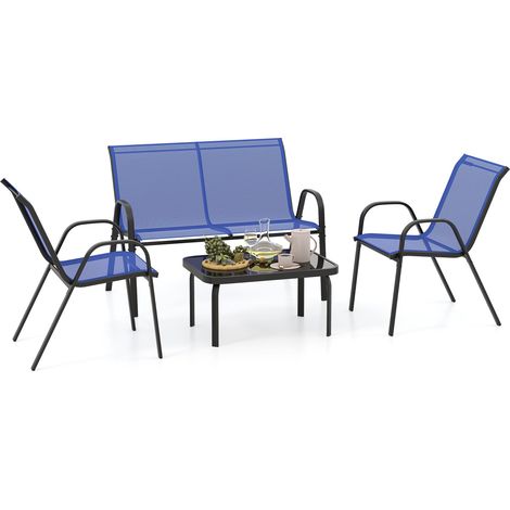 COSTWAY Set Tavolo e Poltrona da Giardino, Set di Mobili 4 Pezzi per Esterno, con Tavolino in Vetro Temperato, Panca e 2 Poltrone, per Giardino Balcone Piscina (Blu) (1/5)