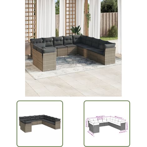 The Living Store Salon de jardin 11 pcs avec coussins gris résine tressée - Salon De Jardin - Mobilier Extérieur - Set Salon - Résine Tressée - Rotin Synthétique (1/3)