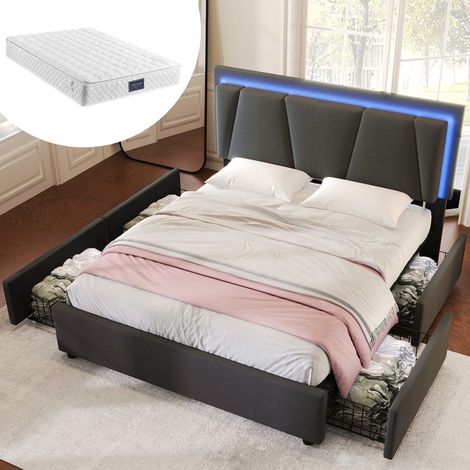 Lit rembourré coffre tiroirs 160x200 avec matelas tête réglable led (1/4)
