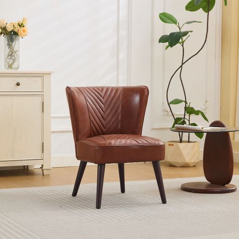 Fauteuil lounge en cuir marron avec base en bois massif et surpiqûres diagonales,56x62x72 cm (1/5)