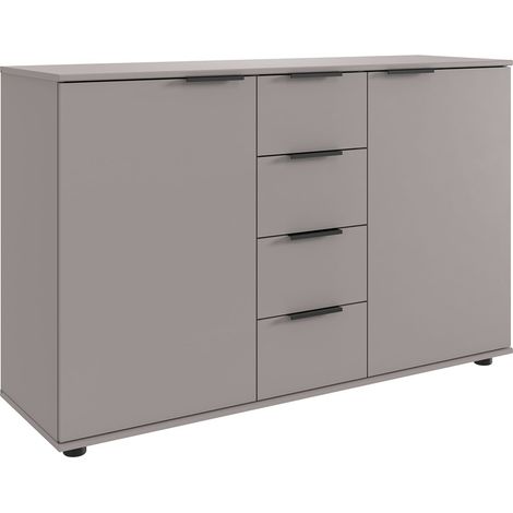 Commode, meuble de rangement avec 2 portes et 4 tiroirs coloris Gris, rechampis graphite - Longueur 130 x Hauteur 83 x Profondeur 41cm (1/3)