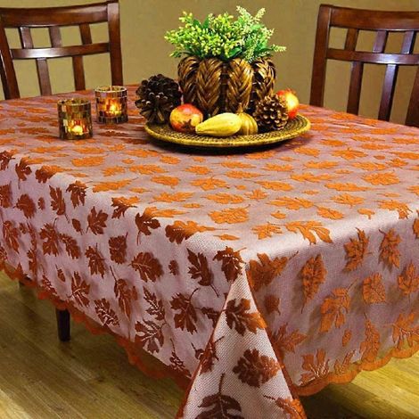 Rechteckige braune Tischdecke mit Ahornblatt- und Spitzenmuster, herbstliche Dekoration für Thanksgiving