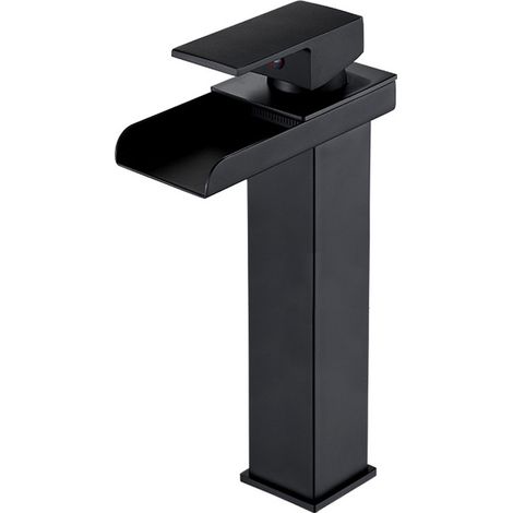 Robinet de salle de bain style cascade – Mitigeur eau chaude/eau froide monotrou moderne – Bec de lavabo – Haut – Noir : 13,8 x 6 x 29 cm (1/5)