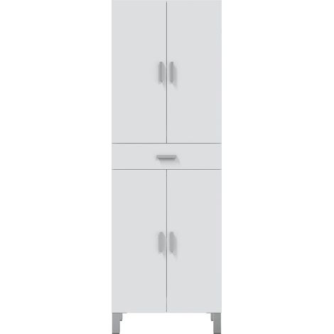 Pegane – Colonne de salle de bain 4 portes blanc brillant – 60 cm largeur x 182 cm hauteur x 29 cm profondeur – Bois d'ingénierie certifié PEFC