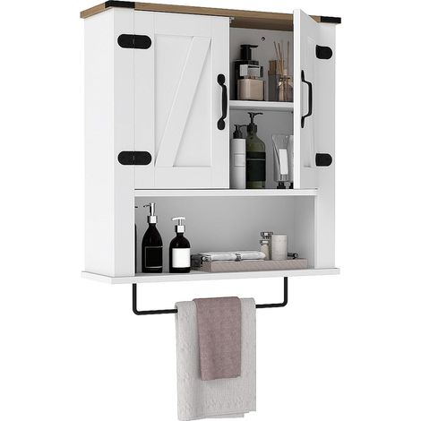 COSTWAY Mobiletto da Parete per Bagno con Porta Asciugamani, Armadietto Farmhouse con Ante a Botte & Ripiano Regolabile, Organizer da Muro Sopra il WC per Lavanderia, Cucina e Soggiorno (1/5)