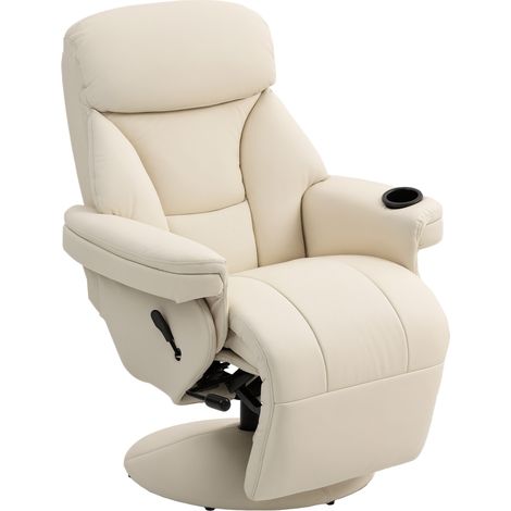 Manual Recliner Chair with Footrest, Upholstered Reclining Armchair with Adjustable Backrest and Cup Holder, PU Leather Swivel Chair for Living Room, Bedroom, Cream White (1/5)