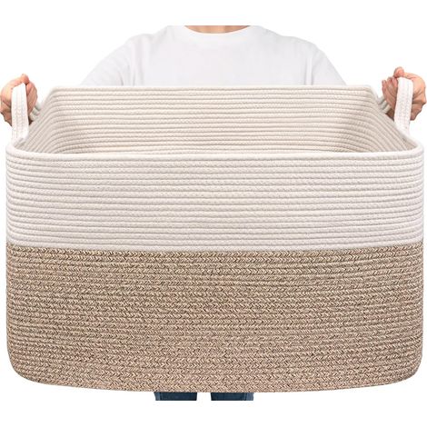 Panier à linge rectangulaire - 85 l - Panier de rangement pour jouets de bébé - Panier de rangement pour couvertures, coussins, serviettes d'invités - Blanc et marron (1/5)