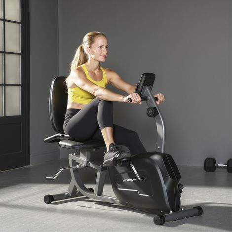 Bicicleta estática reclinada magnética, 8 niveles de resistencia ajustables, monitor LCD, metal, plástico, negra. (1/5)