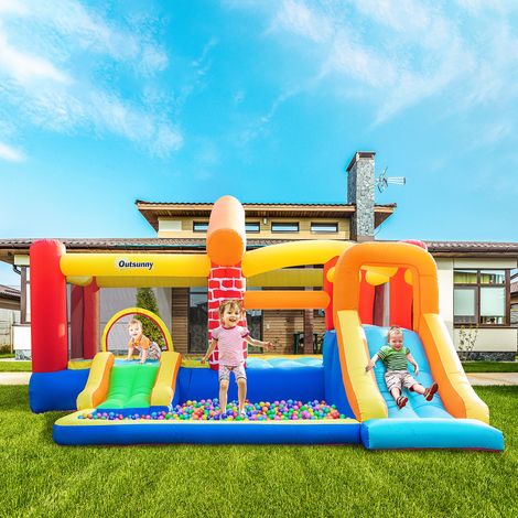 Castello gonfiabile Outsunny con 2 scivoli, 2 trampolini e piscina per bambini dai 3 anni in su, include gonfiatore e borsa per il trasporto, per uso interno/esterno, 380x370x230 cm, multicolore. (1/5)