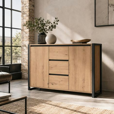Buffet campagne 2 portes 3 tiroirs effet chêne 122 cm ALVA (1/5)