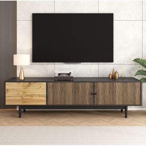 TV-Schrank aus MDF und Spanplatte in Schwarz/Natur, 180 x 38 x 50 cm, 2 Türen, 3 Schubladen, Wellenmuster (1/5)