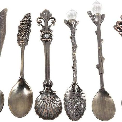 Ensemble de 6 pièces (laiton antique) comprenant une cuillère à café et une fourchette, style royal vintage, en métal (1/5)