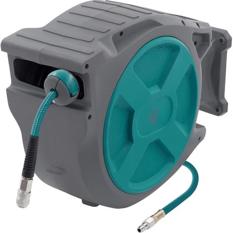 ECD Germany Druckluftschlauchtrommel 30m+2m, Automatischer Aufroller mit Arretierfunktion, 1/4" Anschluss, Schnellkupplung, 15 bar, 180° schwenkbar, Ø12mm, Automatik Schlauchaufroller für Wandmontage