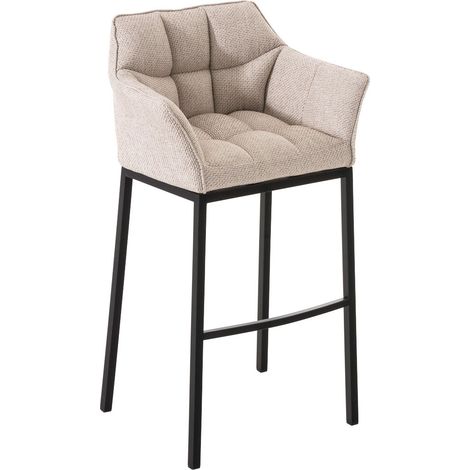 Tabouret de bar chaise haute de comptoir couture carrées assise en tissu crème 4 pieds stables en métal noir 100004703