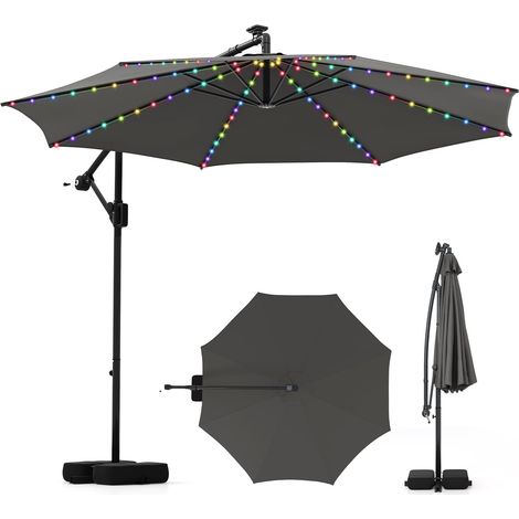 COSTWAY Ombrellone da Giardino 290 cm, con 96 Luci LED, Ombrellone Esterno con Base, Inclinazione Regolabile, Rotazione a 360°, Manovella, Parasole da Giardino (Grigio)