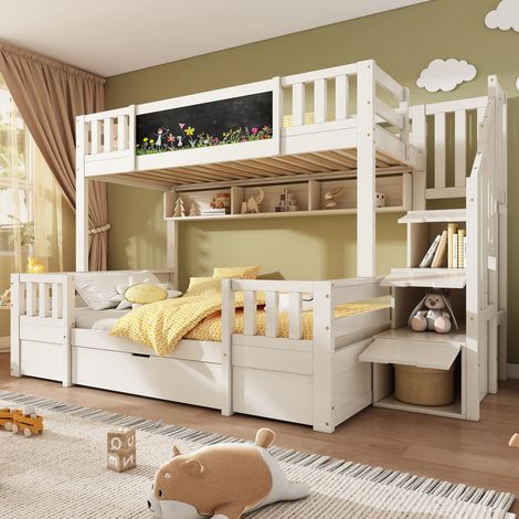 Lit superposé 3 enfants 90x200 et 140x200 cm bois blanc avec rangements et ardoise (1/5)