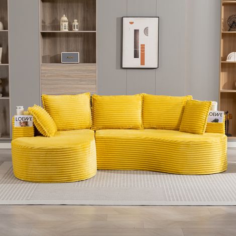 Canapé courbé en velours côtelé – doux, respirant, avec porte-gobelet et poche de rangement. Mousse haute densité pour un confort d’assise agréable. Coussins inclus, compressé, prêt à l’emploi. Pour t (1/5)
