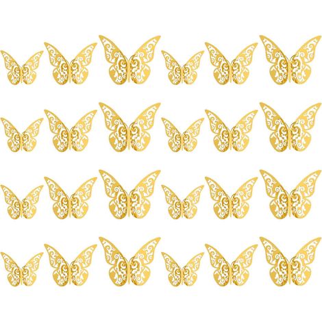 48 autocollants muraux papillons 3D dorés, 3 tailles et 4 styles différents. Décoration murale papillons ajourés pour chambre, fête, mariage. (1/5)