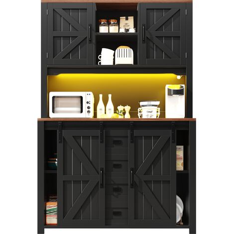 Buffet de cuisine 115 x 40 x 174,7 cm avec portes coulissantes, LED multicolore pilotée par appli, grands rangements et style rétro noir ou blanc  CHICFURN (1/5)