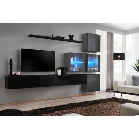 Ensemble mural - Switch XIX - 4 vitrines - 2 bancs TV - 1 étagère - Noir et graphite - Modèle 2 - Livraison gratuite