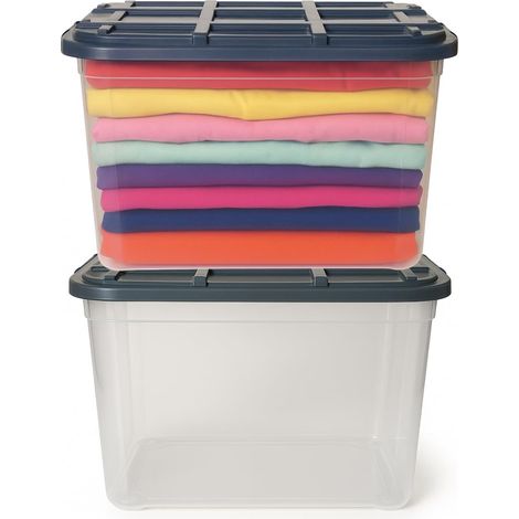 2 Contenitori multiuso in plastica trasparente da 59 litri con ruote - Misura 58x38,5x36 cm - Porta biancheria impilabile con coperchio e chiusura a s (1/5)