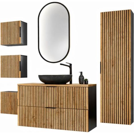 Set KINOKO: Waschtischunterschrank 100cm + Aufsatzwaschbecken Schwarz + 1 LED-Spiegel + Stauraummöbel