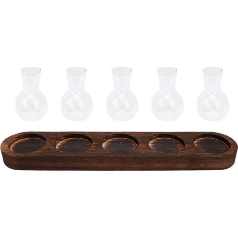 Station de multiplication des plantes, vase élégant en verre à fond plat avec ampoule et plateau en bois pour la maison ou le bureau, 5 bouteilles (1/5)