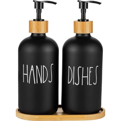 Juego de dispensador de jabón 2 en 1 de vidrio y bambú: dispensador de jabón de manos y platos de 500 ml con estante – Decoración rústica para la cocina (negro, blanco, marrón) (1/5)