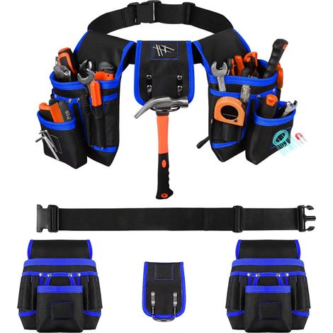 Tool Belt with 26 Pockets and 1 Hammer Ring, Magnetic Tool Belt with 3 Powerful Magnets, Removable and Adjustable, for Electrician, Carpenter, Construction, Black-Blue (1/5)