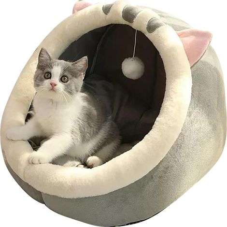 Lit Pour Chat - Forme De Lapin - Tissu Peluche Doux - Espace Fermé Pour Intimité - Coussin Amovible Et Lavable - Gris - 1 Pièce (1/4)
