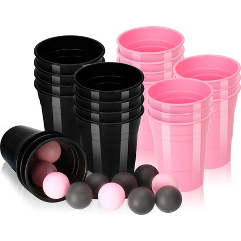 Lot de 22 gobelets à bière pong - 12 balles de ping pong - En plastique rigide - Réutilisables - 473 ml - Pour fête entre amis, famille, fête (rose noire) (1/5)