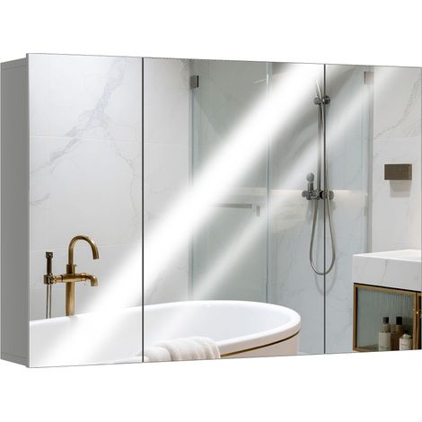 Armoire murale de salle de bain avec 3 portes miroir et étagères réglables en MDF Gris dim. 90L x 15l x 60H cm