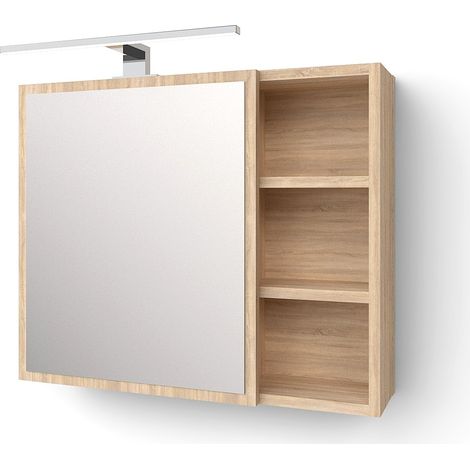 Armoire de salle de bain avec miroir et applique LED. Chêne Sonoma. Meuble de salle de bain avec miroir et étagères. (1/5)