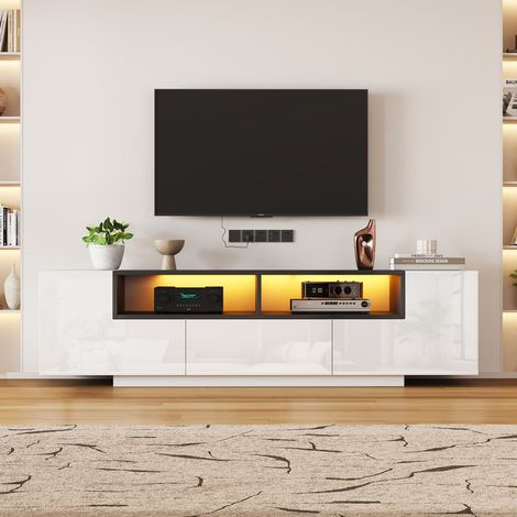 Meuble TV blanc 180x40x48cm avec lumières LED et tiroirs en forme de L,meuble TV brillant pour salon,pour téléviseur de 75 pouces (1/5)