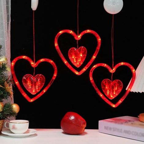 Luces de San Valentín para ventanas: juego de 3 luces colgantes rojas en forma de corazón con función de temporizador，funcionan con pilas (1/2)