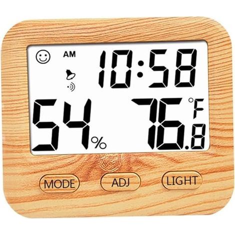 Digitales Thermometer und Hygrometer für den Innenbereich, Temperatur- und Feuchtigkeitsmesser aus Holz mit Tischuhr für Schlafzimmer und Büro, präzise Zeitanzeige (1/5)