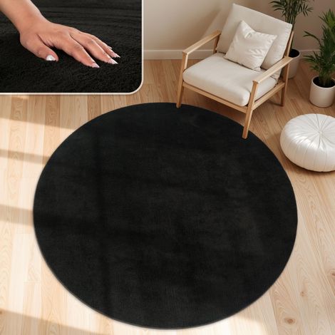 Tapis Salon Moelleux Ultra Doux à Poils Courts - Antidérapant, Lavable, Confort Idéal pour Salon et Chambre, Dimension:160 cm Rond, Couleur:Noir (1/5)