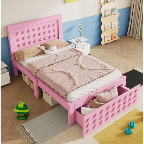 DESVIAE Lit enfant en bois avec tiroir et espace de rangement 90 x 200 cm rose sommier à lattes design blocs MDF bois massif (1/5)