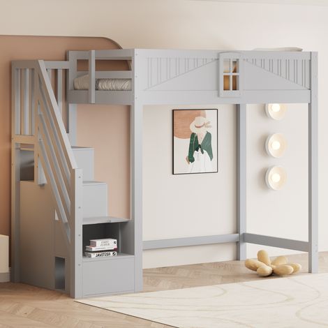 DESVIAE Lit mezzanine 90 x 200 cm avec porte de sécurité fenêtre rangement latéral échelle réversible gauche droite gris (1/5)