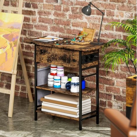 Mesa auxiliar de madera marrón rústico con enchufes y USB, 60 cm, 2 estantes (1/5)