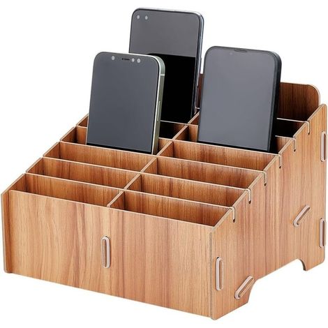 Organizzatore per cellulari in legno a 14 scomparti, organizer da scrivania creativo, portatile e rimovibile per ufficio, colore cioccolato, 21,8x17,6x15 cm (1/4)