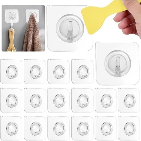 25Pcs Crochet Adhésif Transparent,Crochet Adhésif Mural Charge 5KG,Crochet Magique Transparent avec Raclette,Accroche Mural Adhésif (1/4)