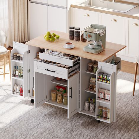 Isola cucina mobile 136x70x92 cm in MDF bianco e legno chiaro, estensibile FloraGrace (1/5)
