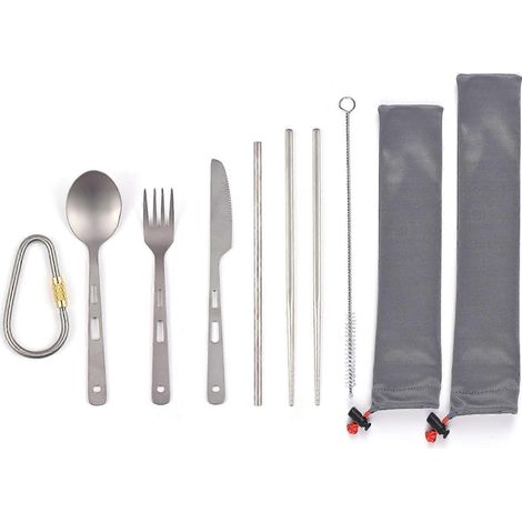 Titan-Besteckset mit Löffel, Gabel, Messer, Essstäbchen und Strohhalm für Zuhause, Reisen und Camping