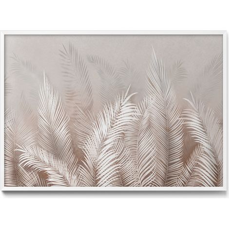 Tableau Magnétique en Métal Tableau pour Magnet - Motif Feuilles bohèmes naturelles - Minimaliste - Cadre Blanc - 100x70 cm - Plaque Magnétique