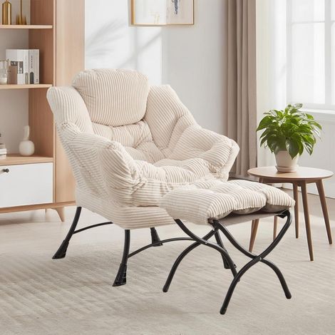 Ohrensessel mit Hocker, Relaxsessel mit Armlehnen und Seitentasche, Cord Weiß (1/5)
