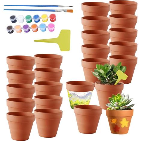 Petits Pots en Terre Cuite,24 Pcs 5X5 cm Mini Pots de Fleurs en Terre Cuite avec Peinture&Pinceaux&Étiquette,Pot de Fleur Terre Cuite avec Trou de Drainage,Pot Terre Cuite pour Succulent,Cactus (1/5)