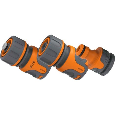 Kit de raccords de tuyau RURIS 12 - Raccord rapide, raccord STOP et adaptateur de robinet - Tuyaux 1/2" et 3/4" - Système AquaStop - ABS, PP, TPR et TPE