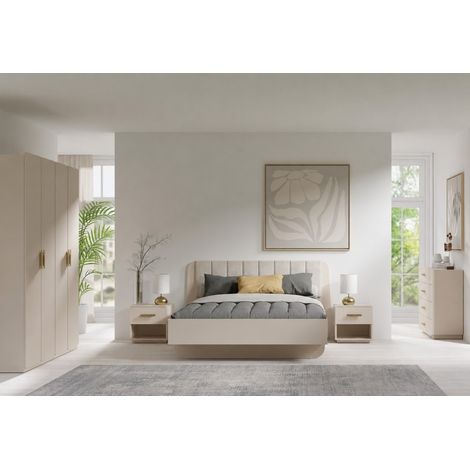 Chambre complète AMALIE beige – Lit coffre 160x200 cm, armoire, commode, 2 chevets et étagères (1/5)